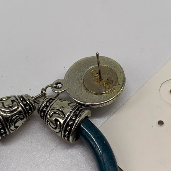 Silver Tone Hoop Earrings Boho Vintage Swirl Teal - Picture 7 of 7